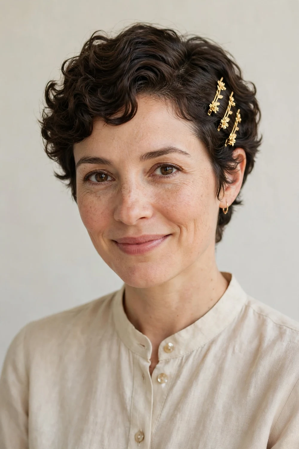 Curly pixie styled with decorative hair pins, elegant short curly haircut with accessories