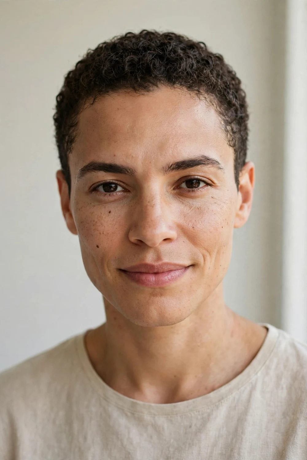 Androgynous close-cropped curly haircut, minimalist short shape, confident modern style