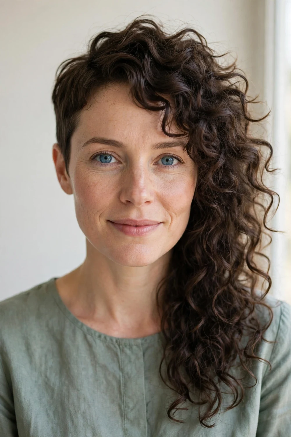 Asymmetrical curly pixie, one side longer with flowing curls, dramatic uneven lengths