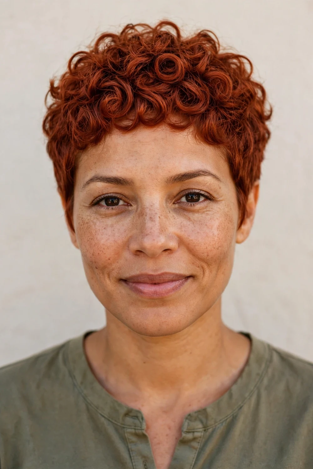 Curly pixie in a bold copper red shade, rich saturated color, defined textured curls