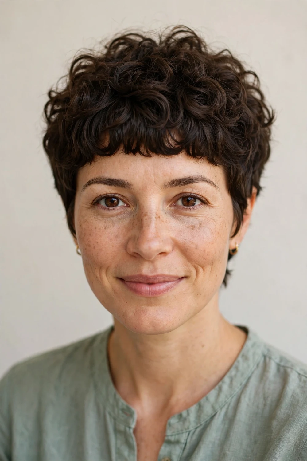 Curly pixie with a thick bold curly fringe, full textured crown, tapered nape