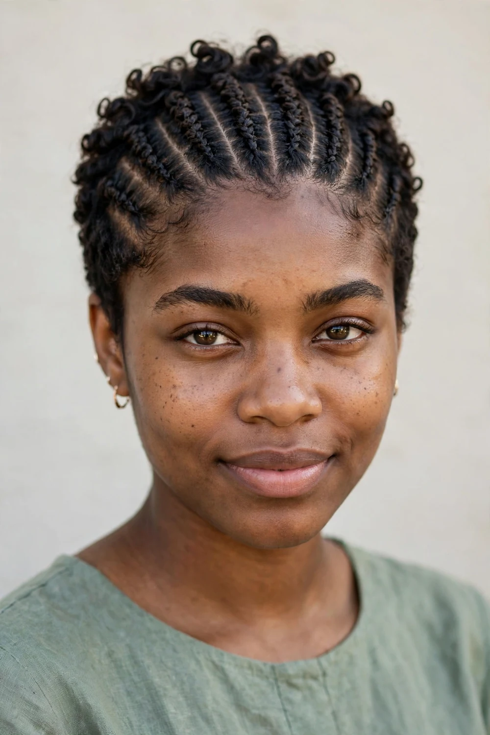 Curly pixie with braid-like rows of defined curls across the crown, creative textured style