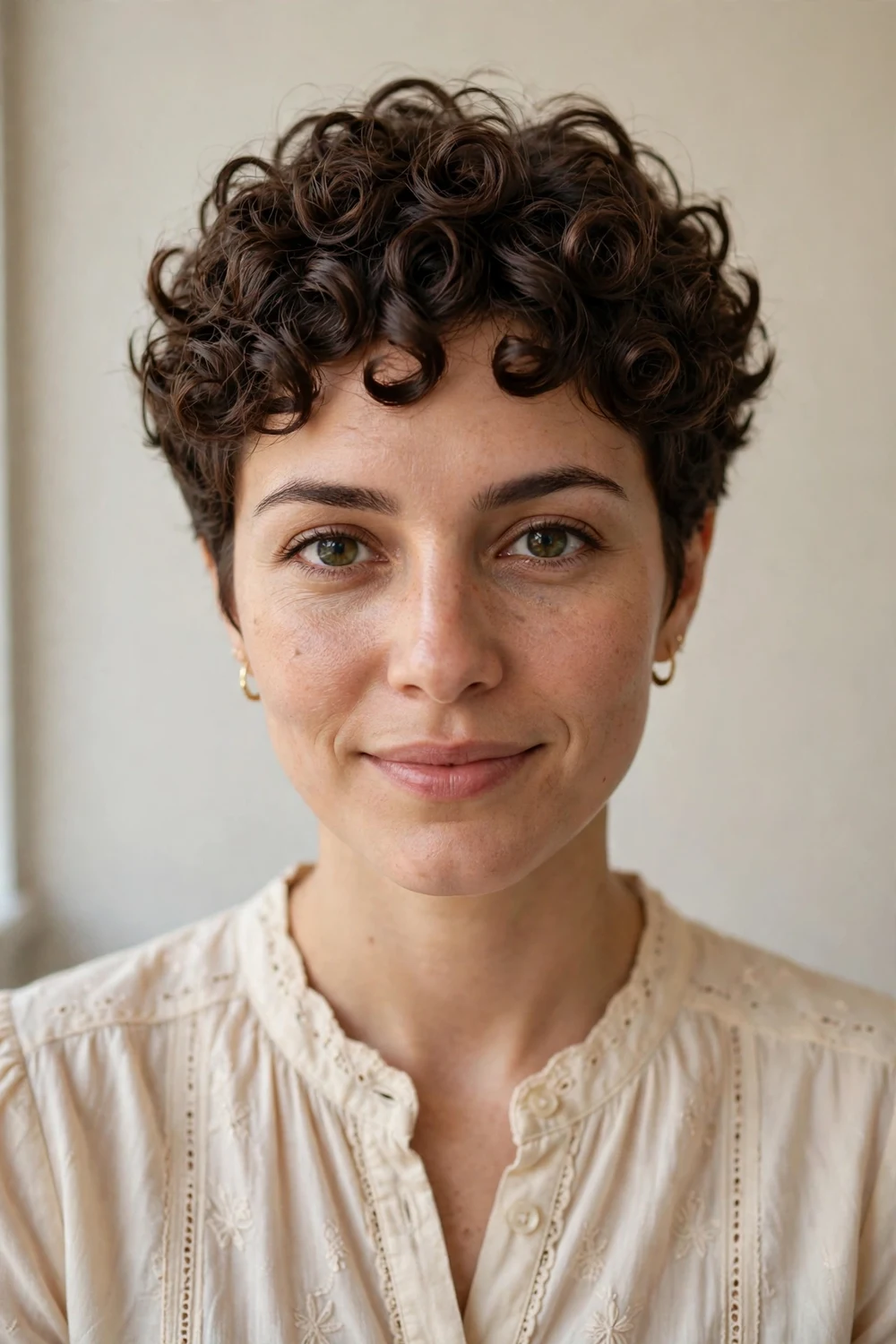 Close view of a curly pixie shaped curl by curl, dry cutting technique, defined ringlets, salon natural light