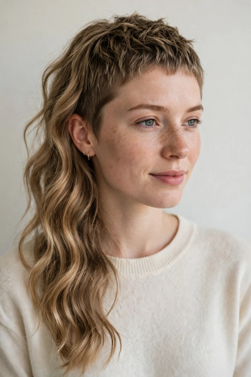 Disconnected wavy pixie, very short cropped top with a long flowing side section, edgy contrast