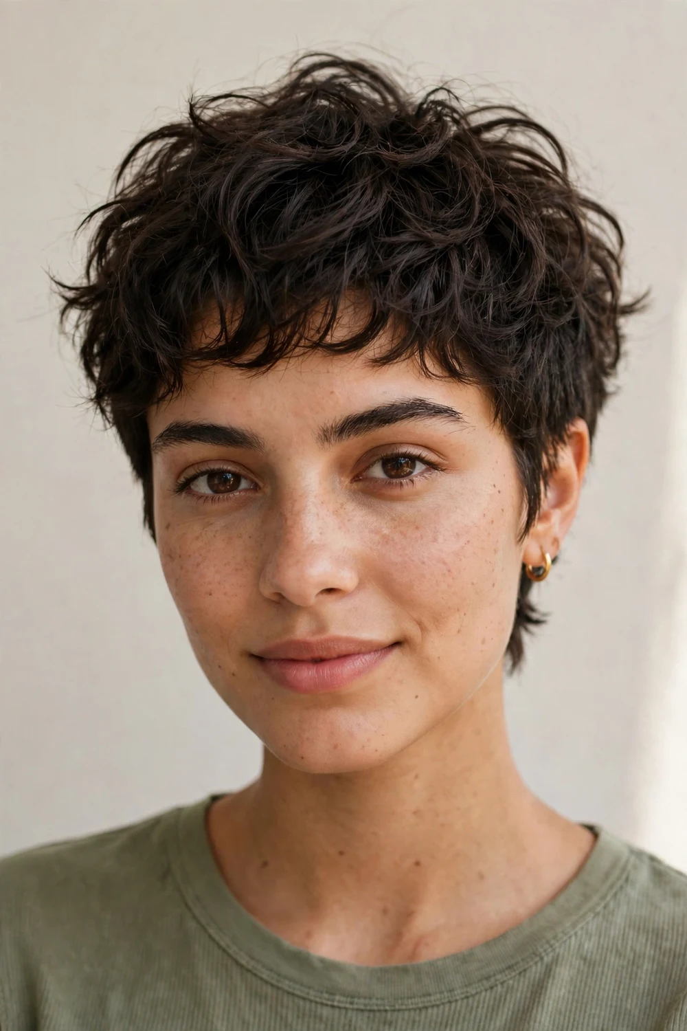 Edgy tousled curly pixie, messy textured layers, bold confident short haircut