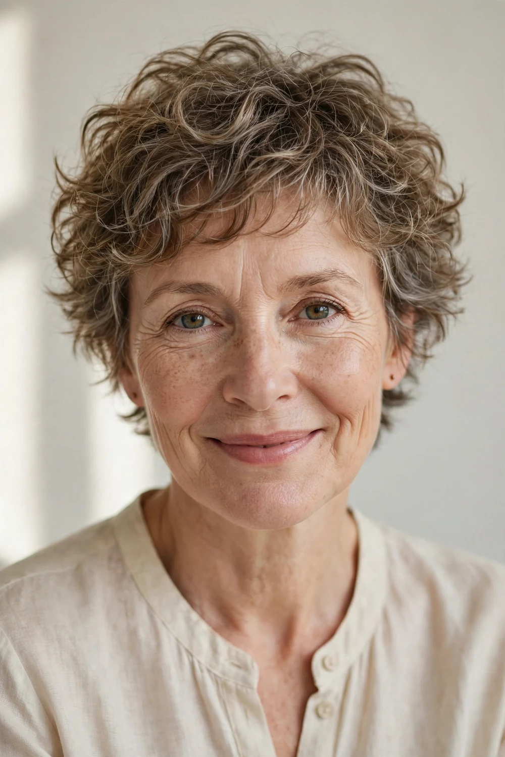 Feathered curly pixie with soft separated layers, tousled texture, airy natural light