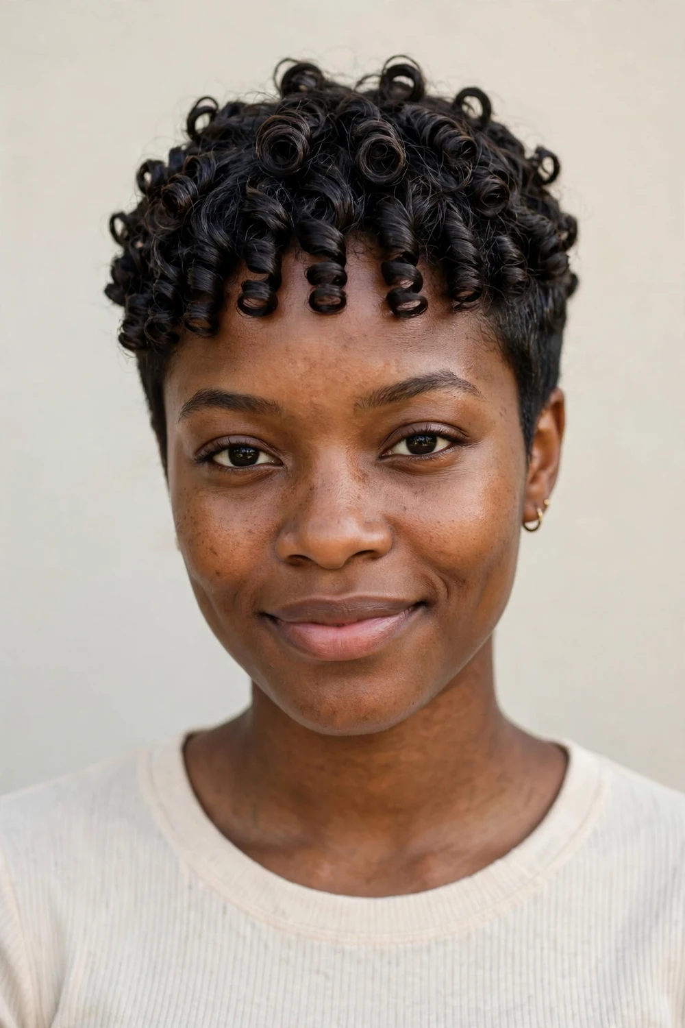 Curly pixie with finger-coiled defined ringlets, glossy separated curls, tapered sides