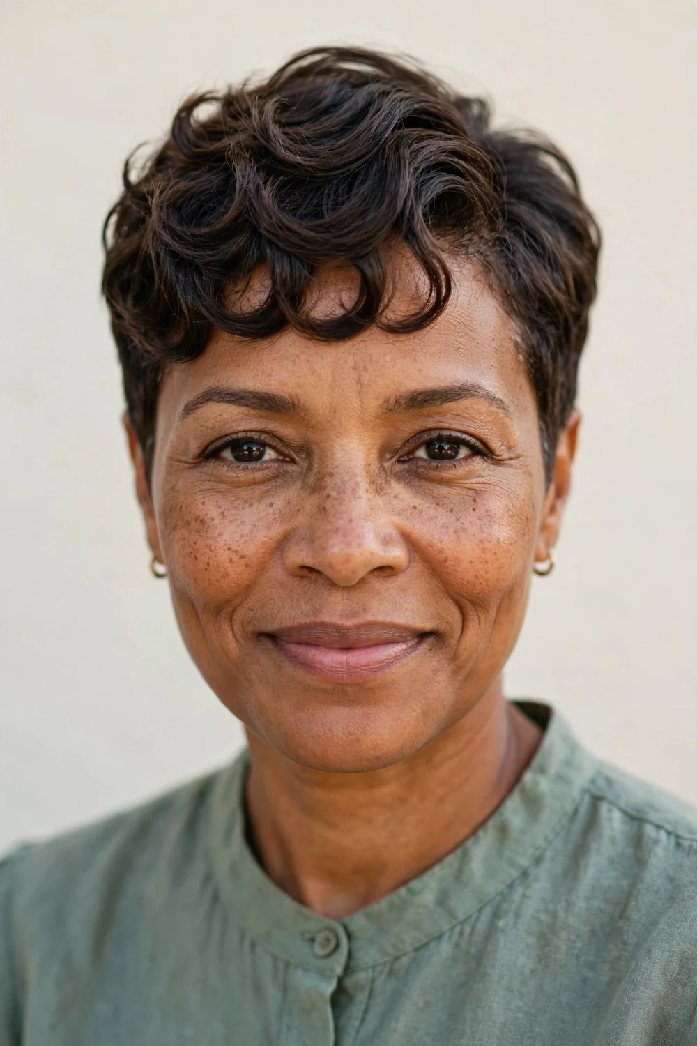 Curly pixie with forward-styled tapered shape, curls directed toward the forehead, neat outline