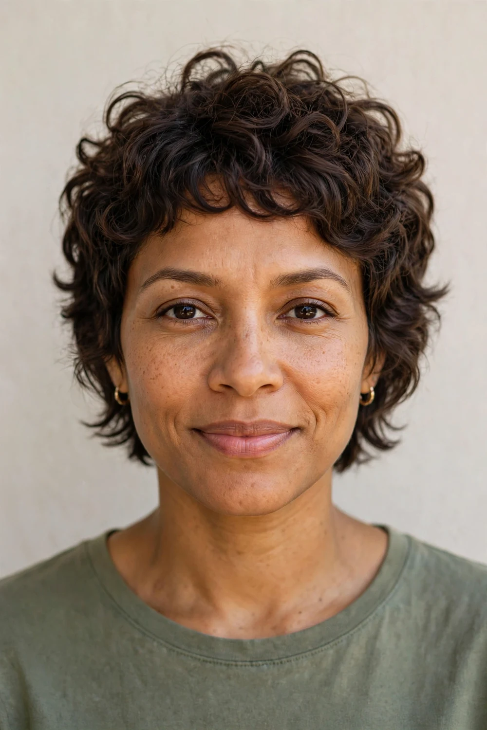 Curly pixie in a healthy grow-out stage, even growing curls, well-shaped short haircut