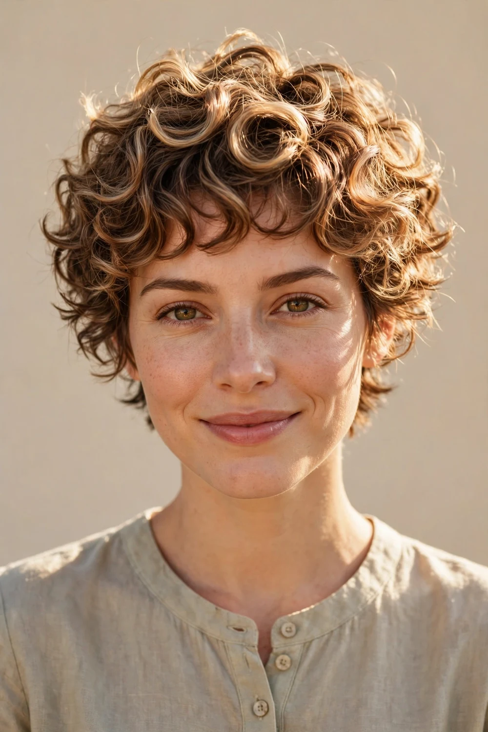 Curly pixie with face-framing highlights, dimensional curls, warm sunlit tones