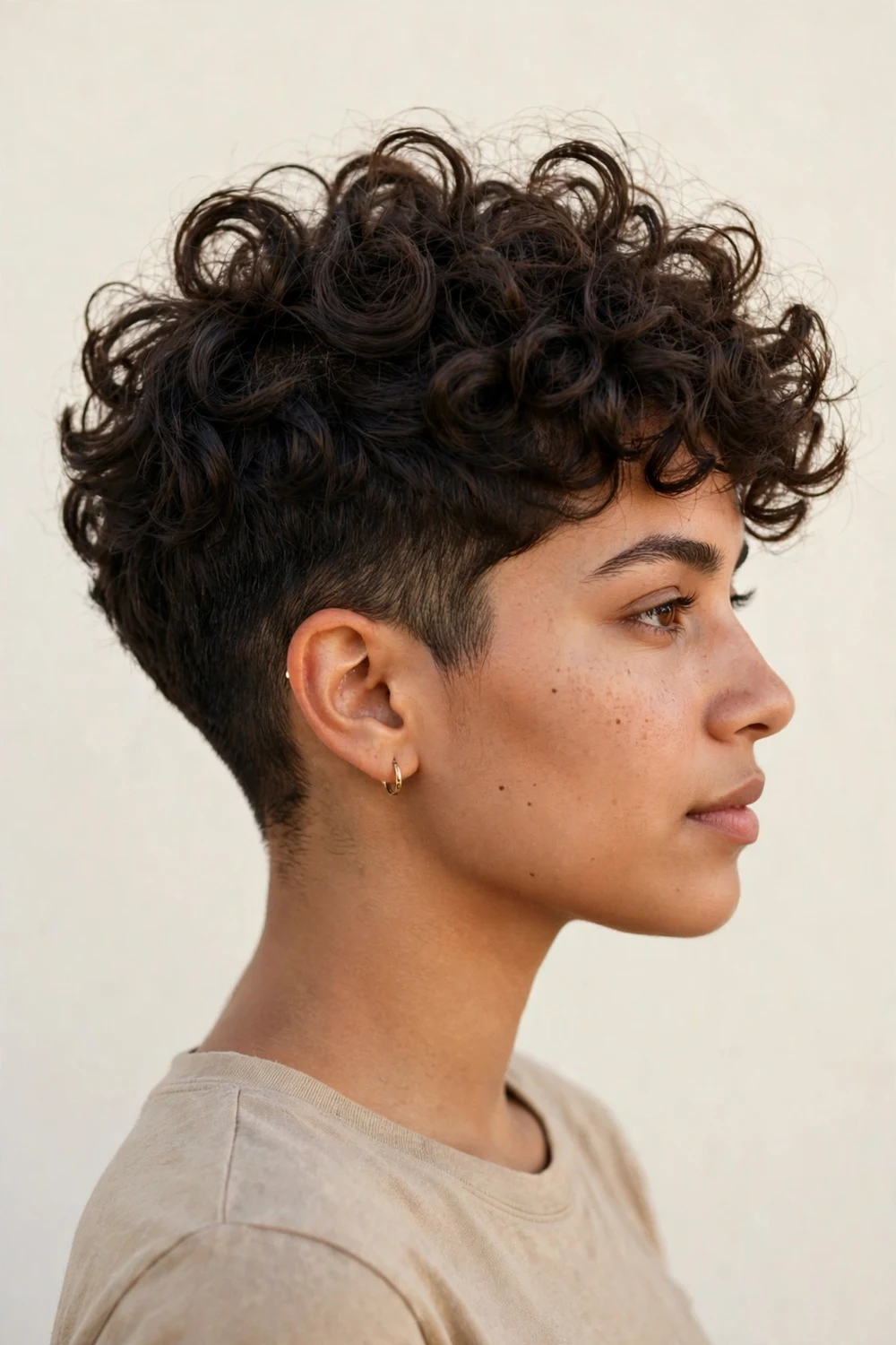 Curly pixie with long defined curls on top and closely tapered sides, side view, natural lighting