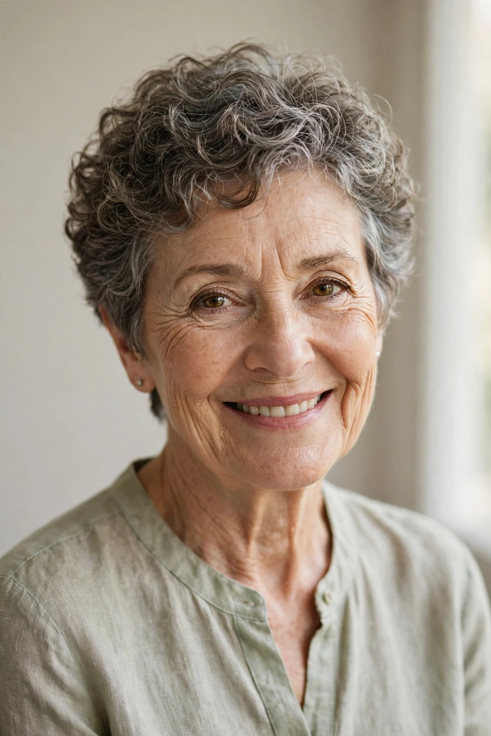 Elegant short curly pixie on an older woman, soft natural gray-streaked curls, graceful style