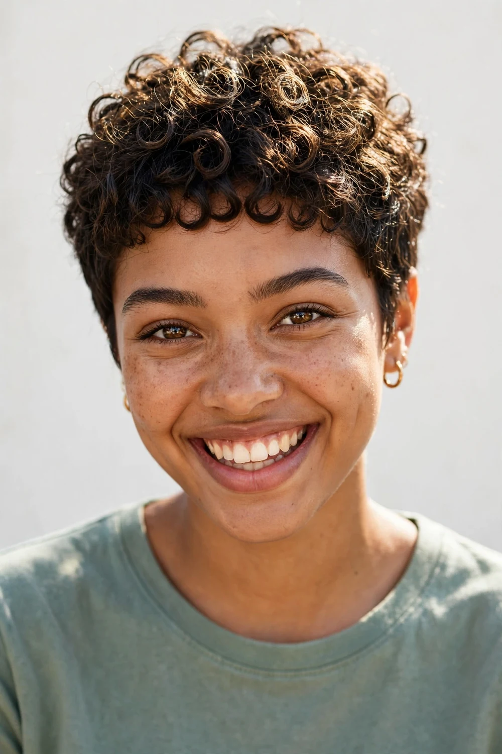 Curly pixie with very short curly micro bangs, playful textured crown, bright natural light