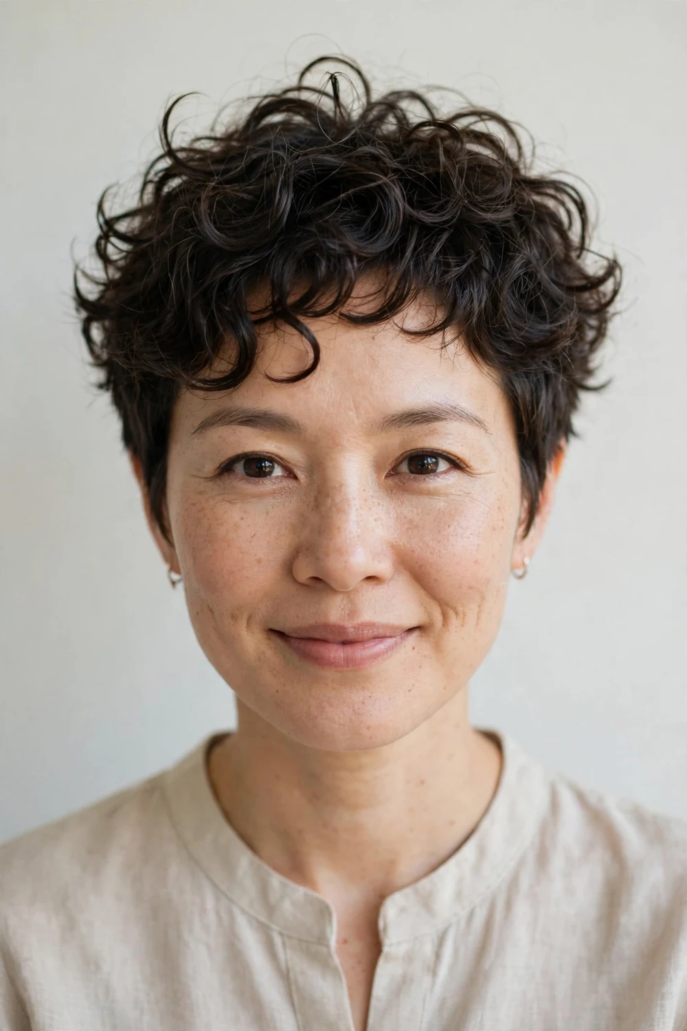 Curly pixie styled in multiple directions, tousled wavy texture, creative modern cut