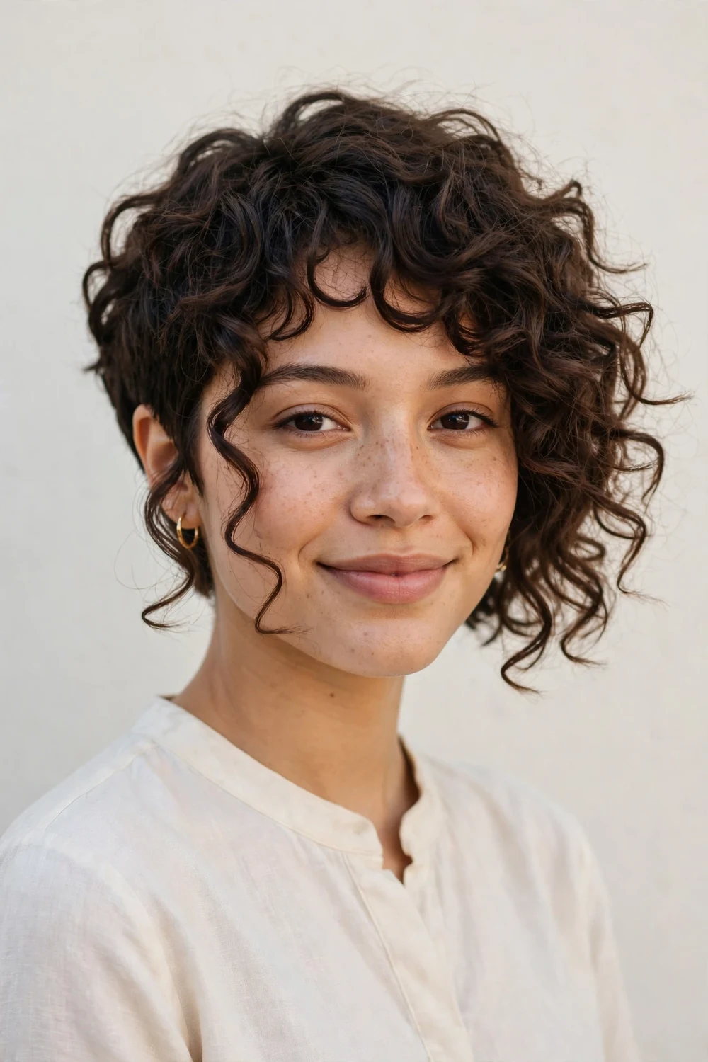 Curly pixie bob hybrid, longer face-framing curls with a short cropped back, chin-skimming sides