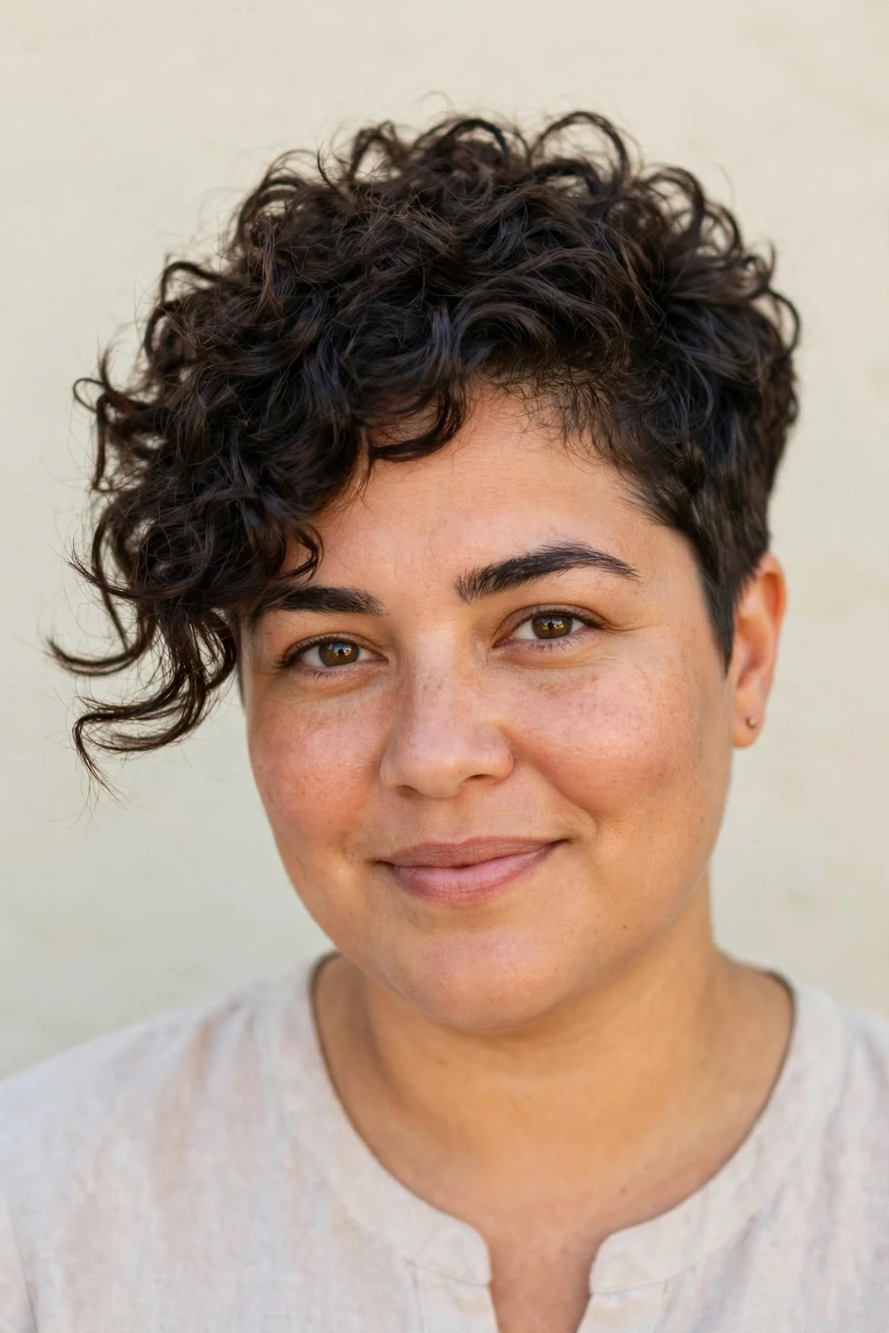Curly pixie designed for round faces, height at the crown, slim tapered sides, elongating shape
