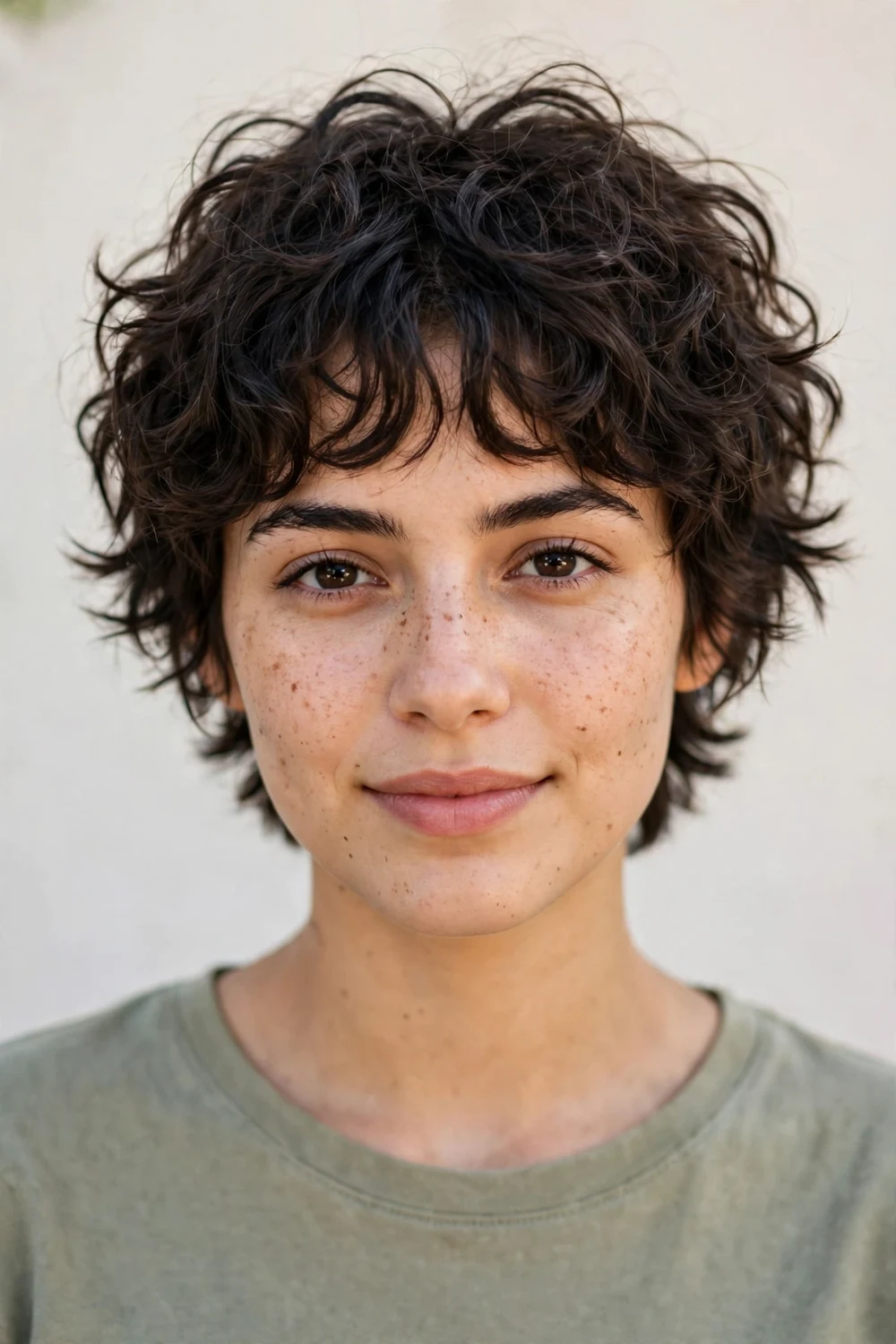 Shaggy curly pixie with choppy layers and curtain fringe, wild natural texture, outdoor light