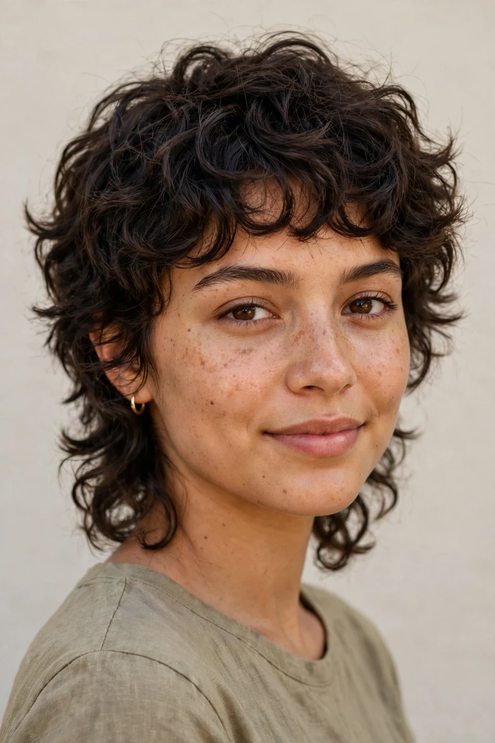 Short curly wolf cut, choppy crown layers with longer nape curls, edgy textured shape