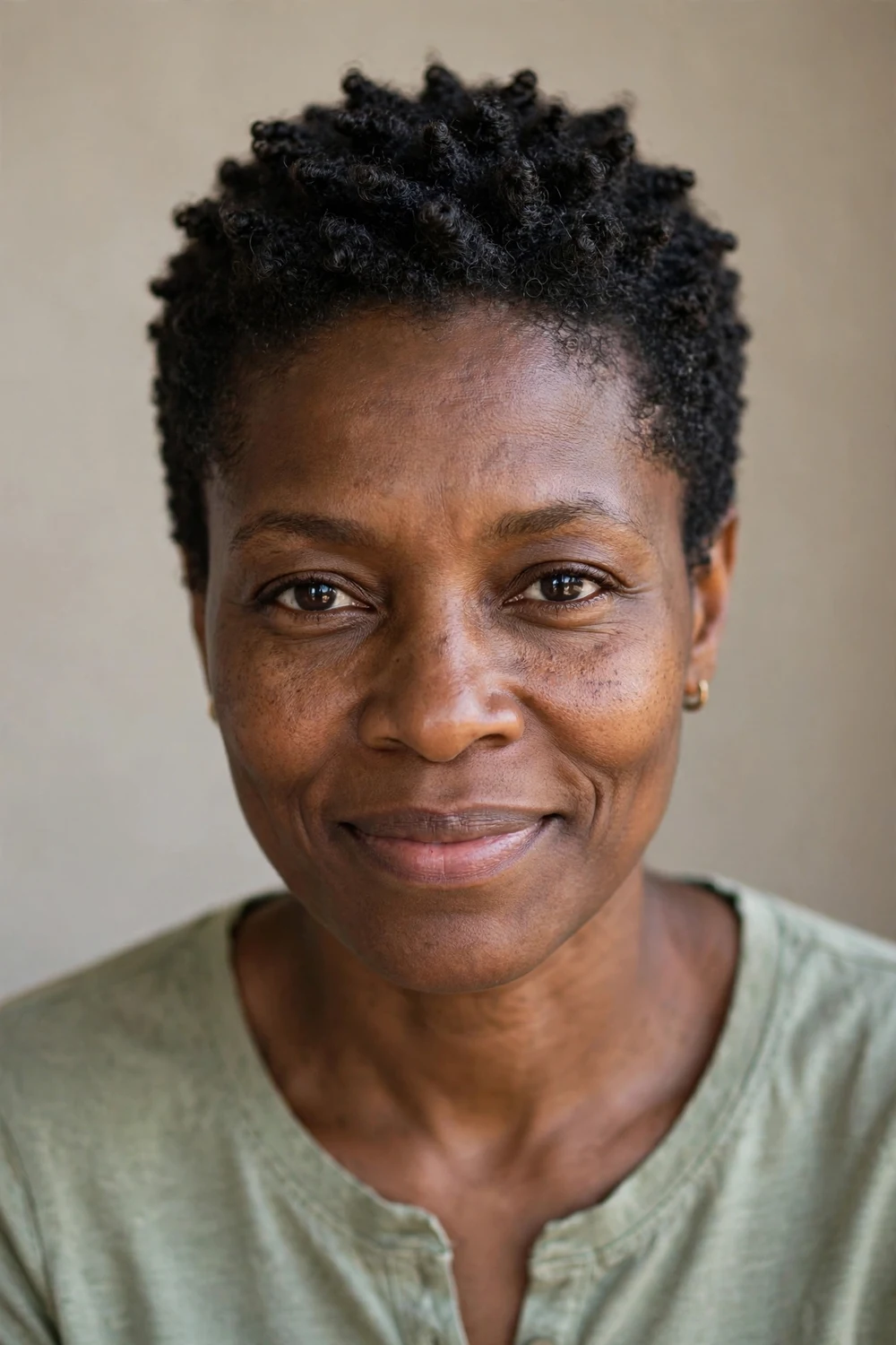 Woman with a tapered pixie for tight 4C coils, rounded shape, short sides, defined coil texture