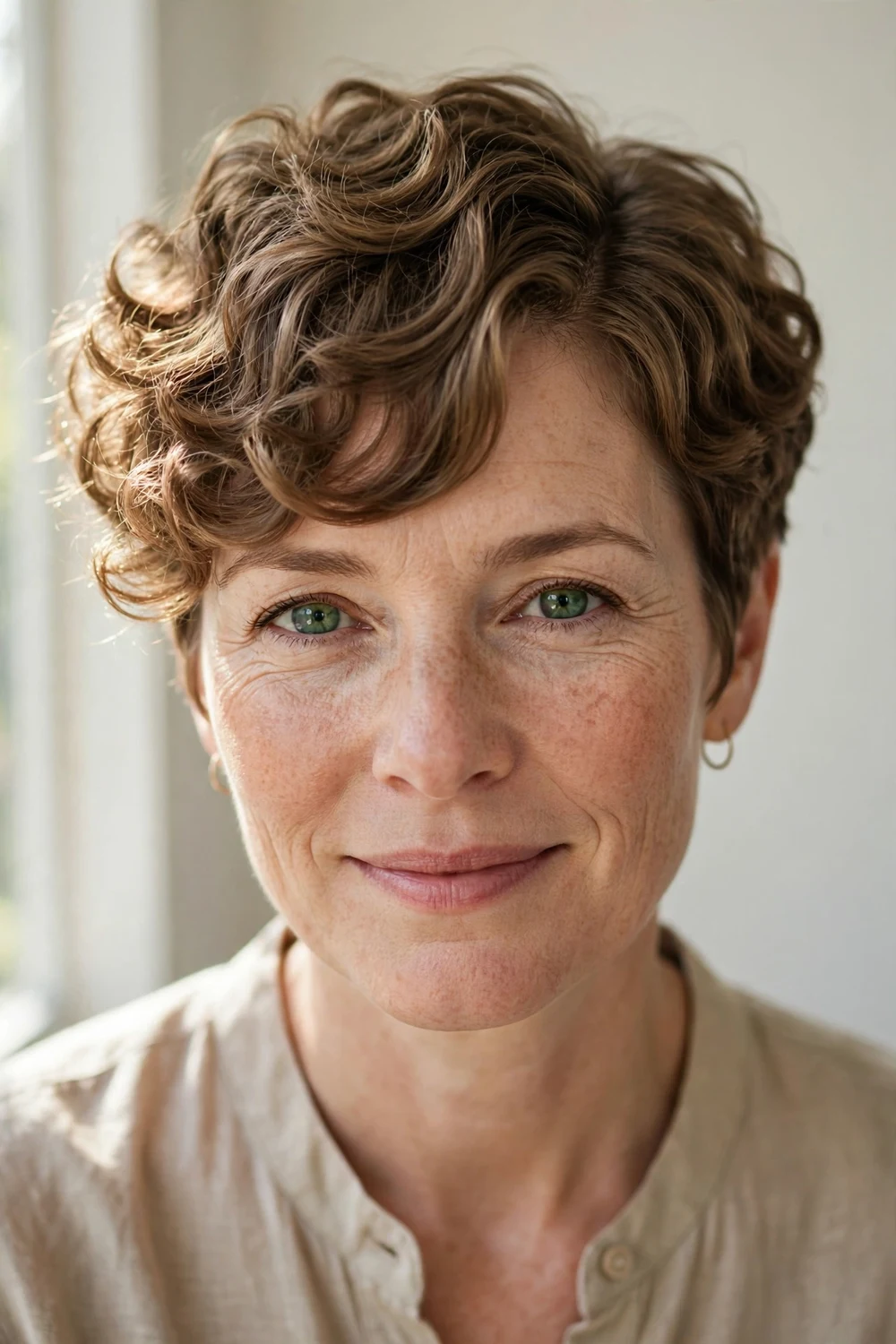 Curly pixie with long side-swept curly bangs, deep side part, soft face-framing volume