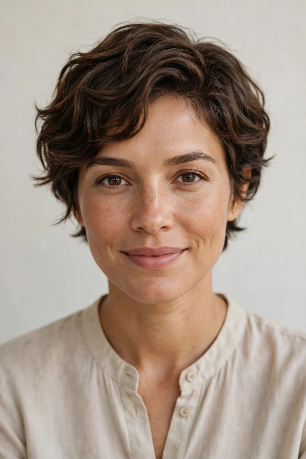 Soft wavy pixie haircut, gentle loose waves, romantic texture, short feminine cut
