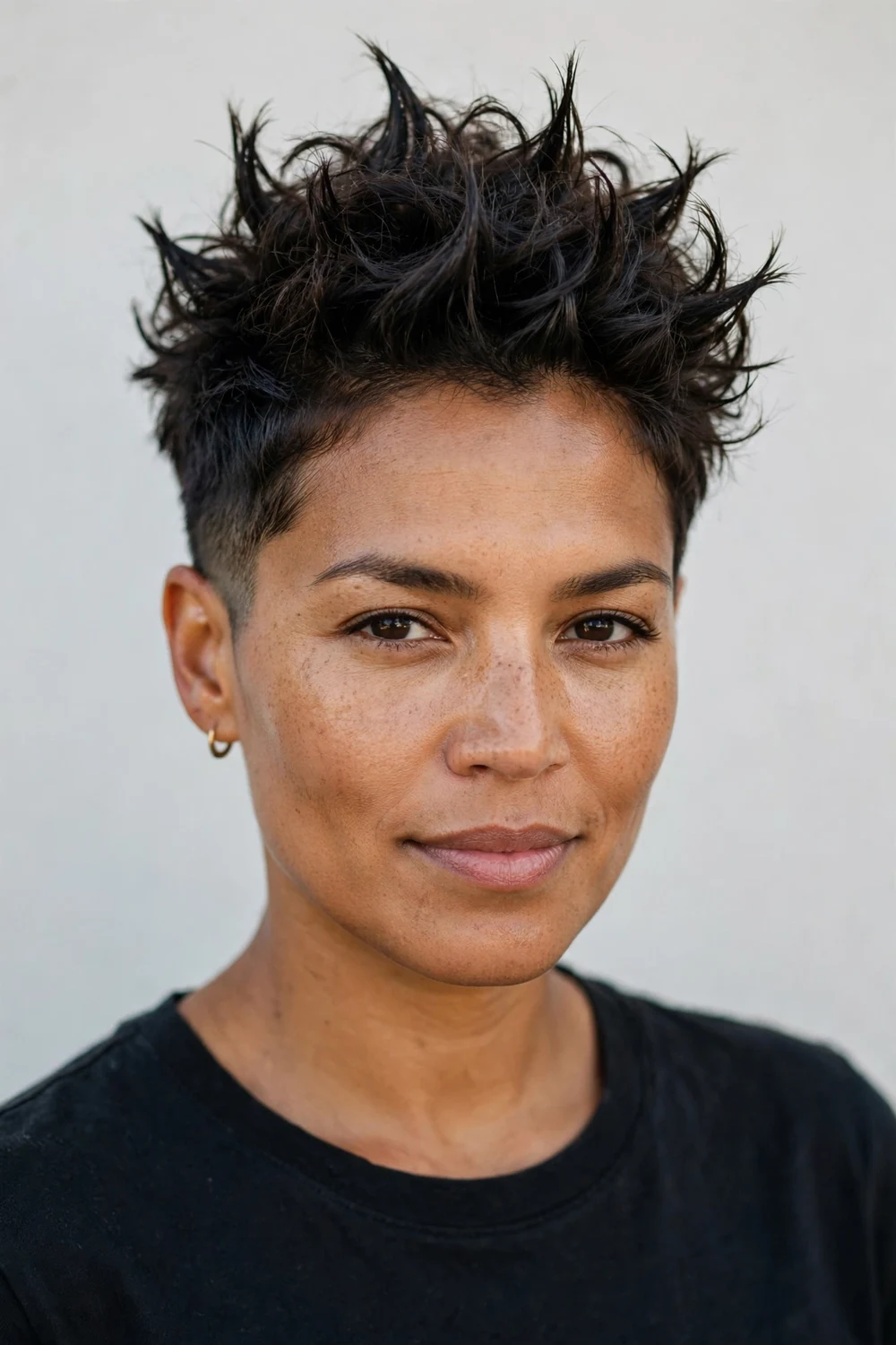 Spiked curly pixie, textured upward spikes, bold modern short haircut, studio light