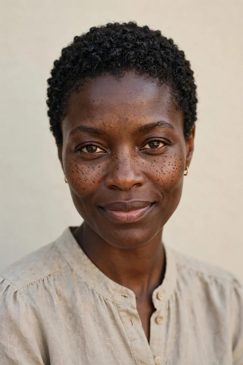 Very short cropped curly pixie, tight defined coils close to the scalp, sculpted rounded shape