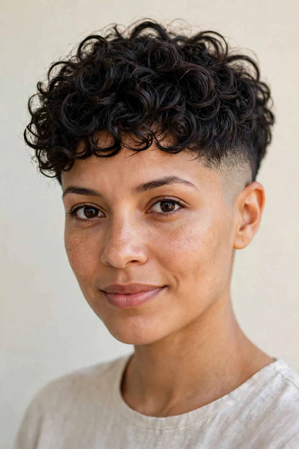 Curly pixie with faded undercut sides and voluminous defined curls on top, modern style