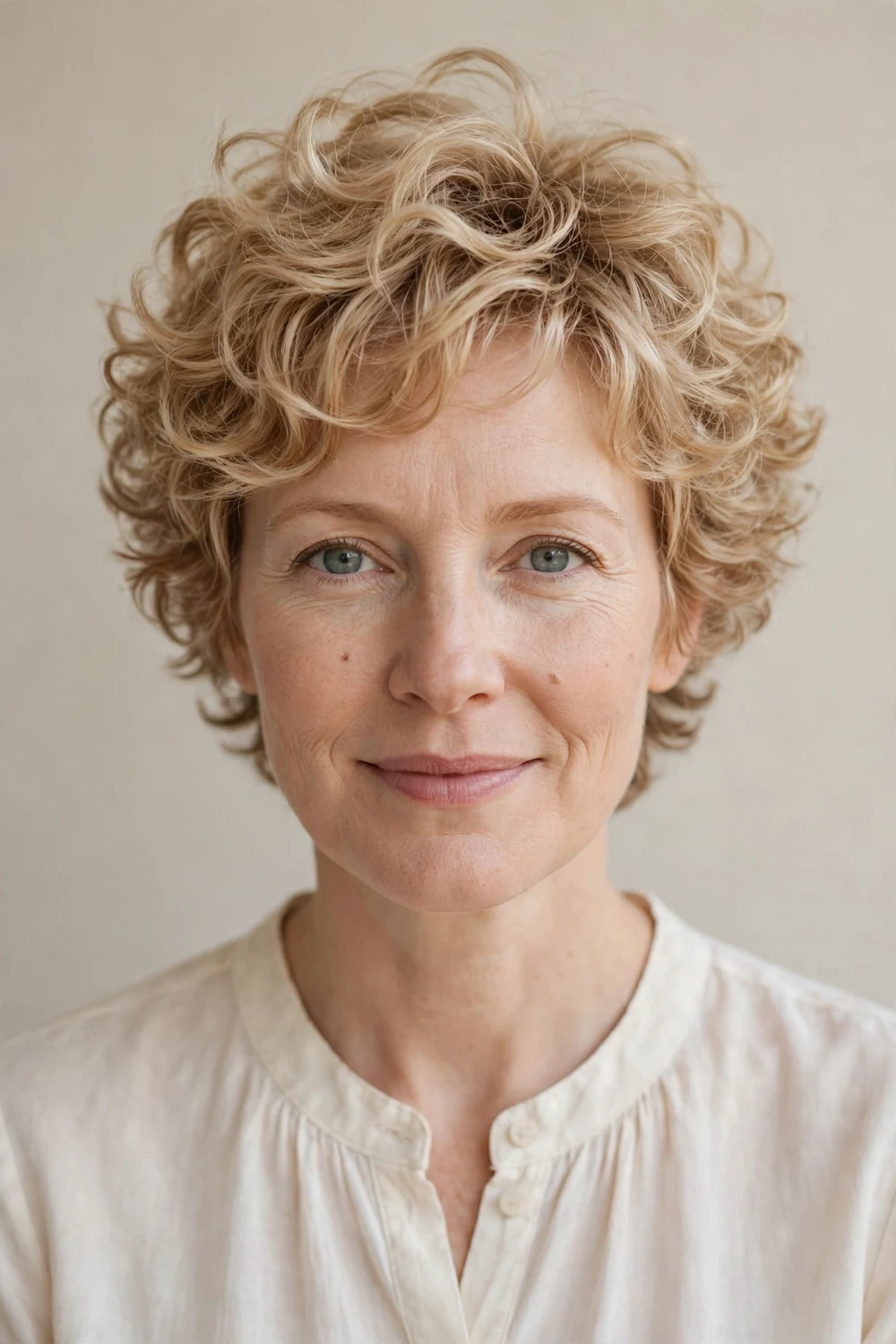 Voluminous curly pixie on fine hair, full lifted crown, airy defined curls