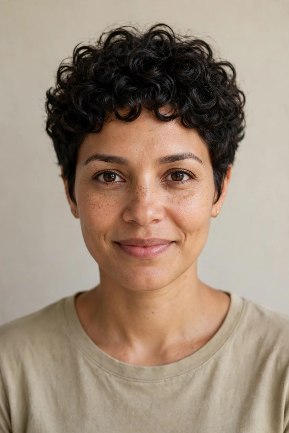 Woman with a wash-and-go curly pixie haircut, defined natural curls, tapered sides, natural daylight