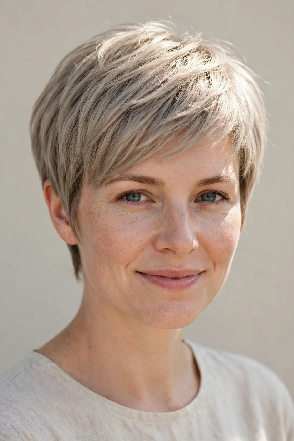 Woman in her 30s with an ash pixie, cool ash blonde tone with subtle taper on fine hair