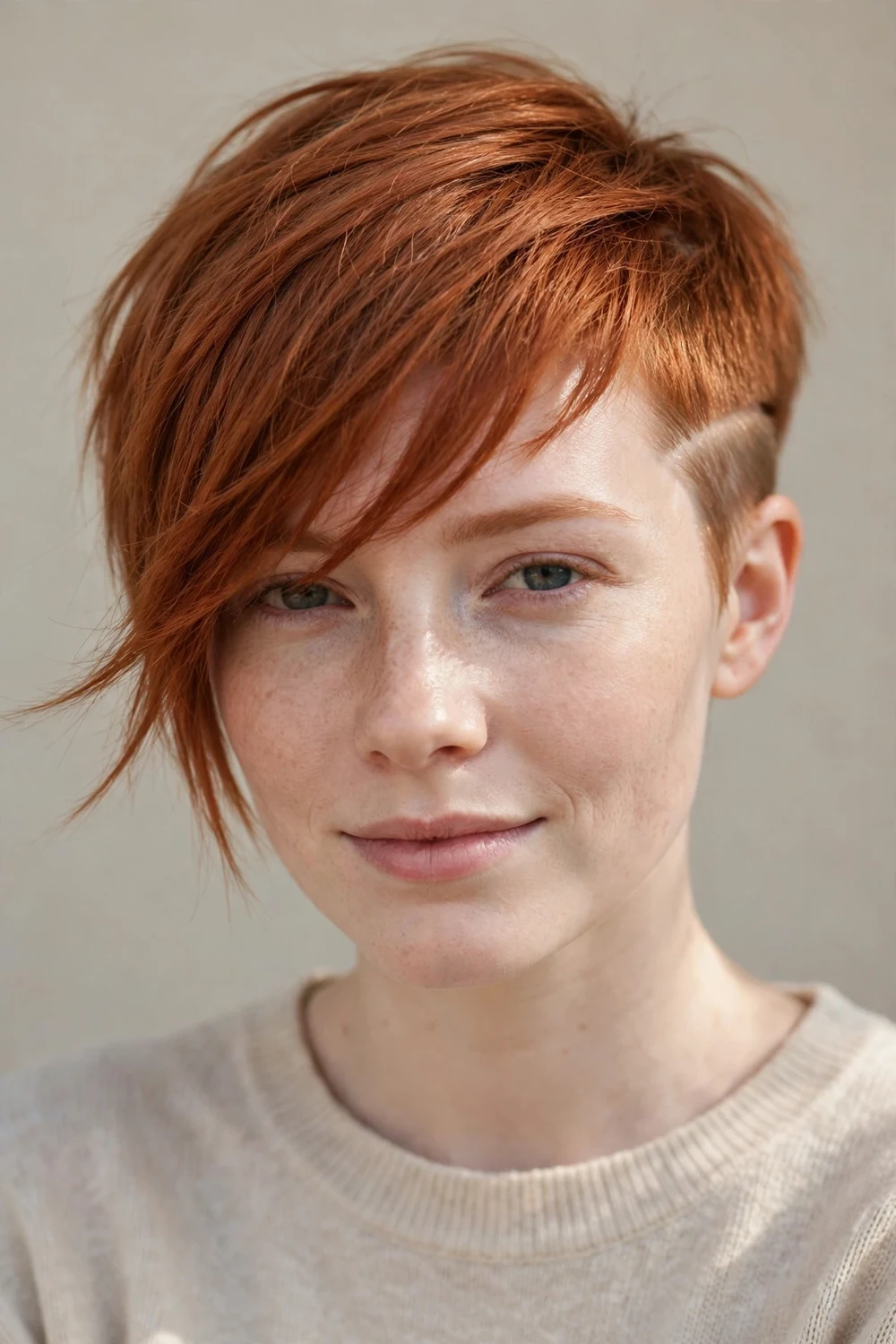 Young white woman with an asymmetrical pixie, one side longer sweeping over fine red hair
