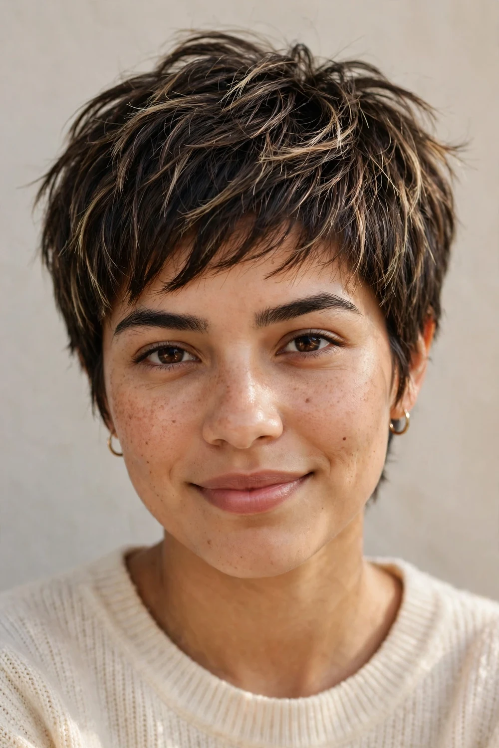 Young Latina woman with a babylights pixie, subtle fine highlights adding dimension to fine dark hair