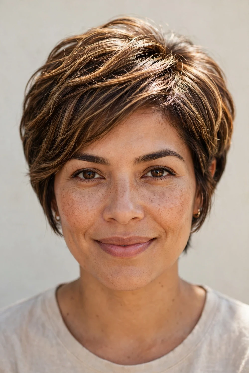 Woman in her 30s with a bixie cut, between bob and pixie length on fine highlighted hair