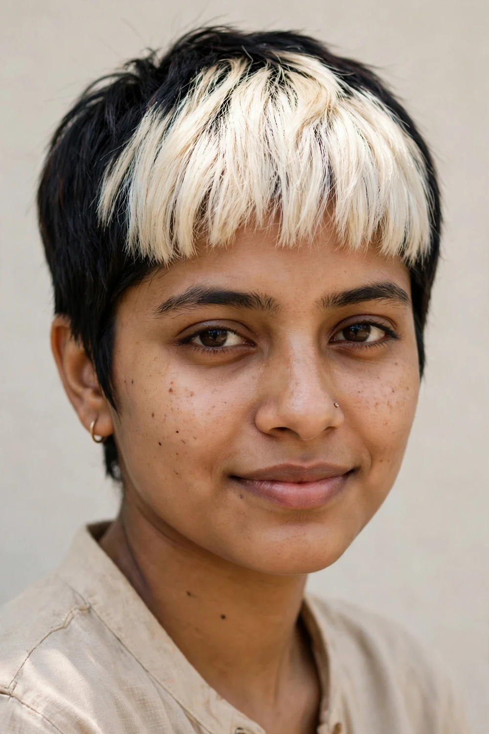 Young South Asian woman with a black pixie, platinum blonde bangs contrasting dark fine hair