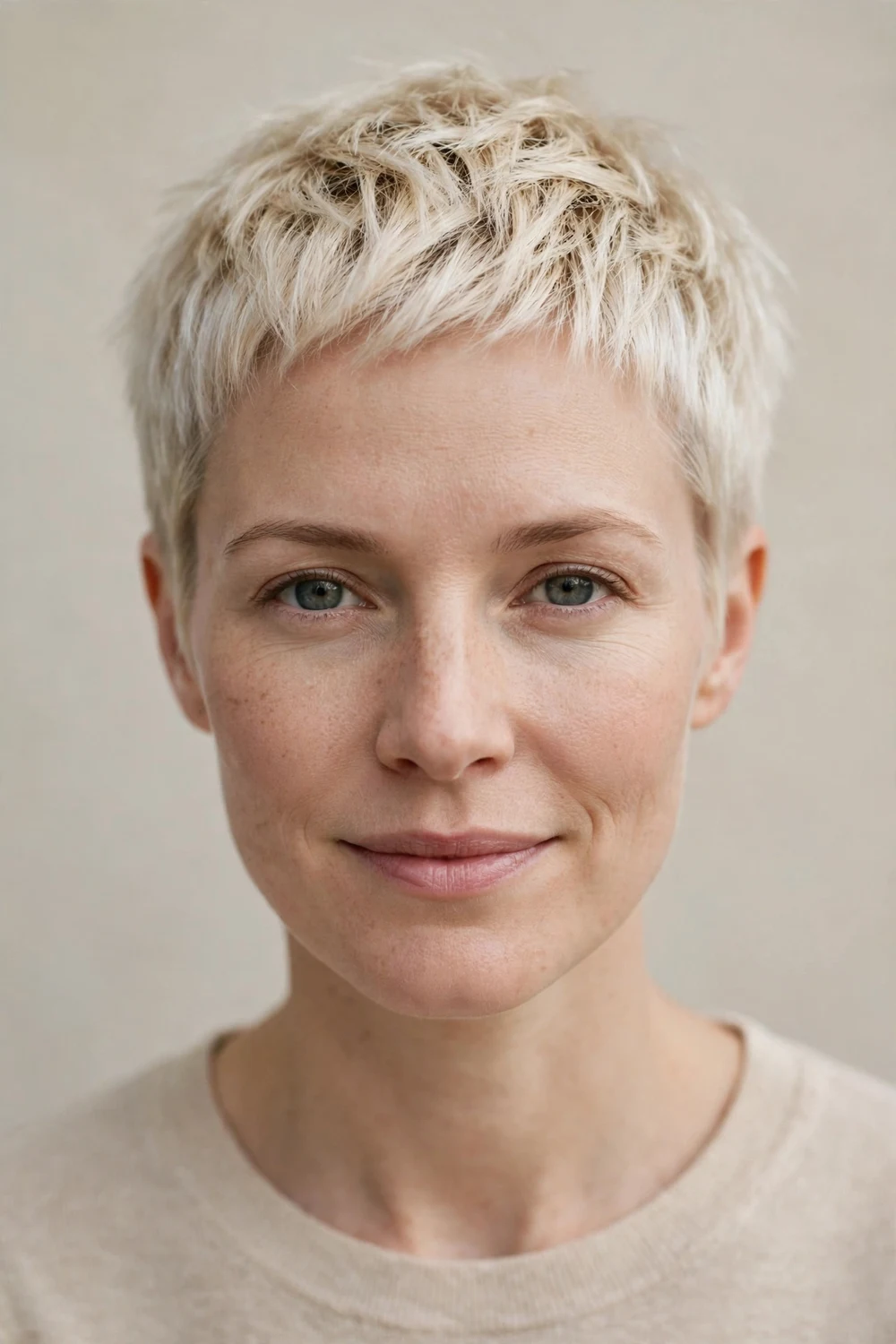 Woman in her 30s with a bleach blonde cropped pixie, bright blonde choppy crop on fine hair