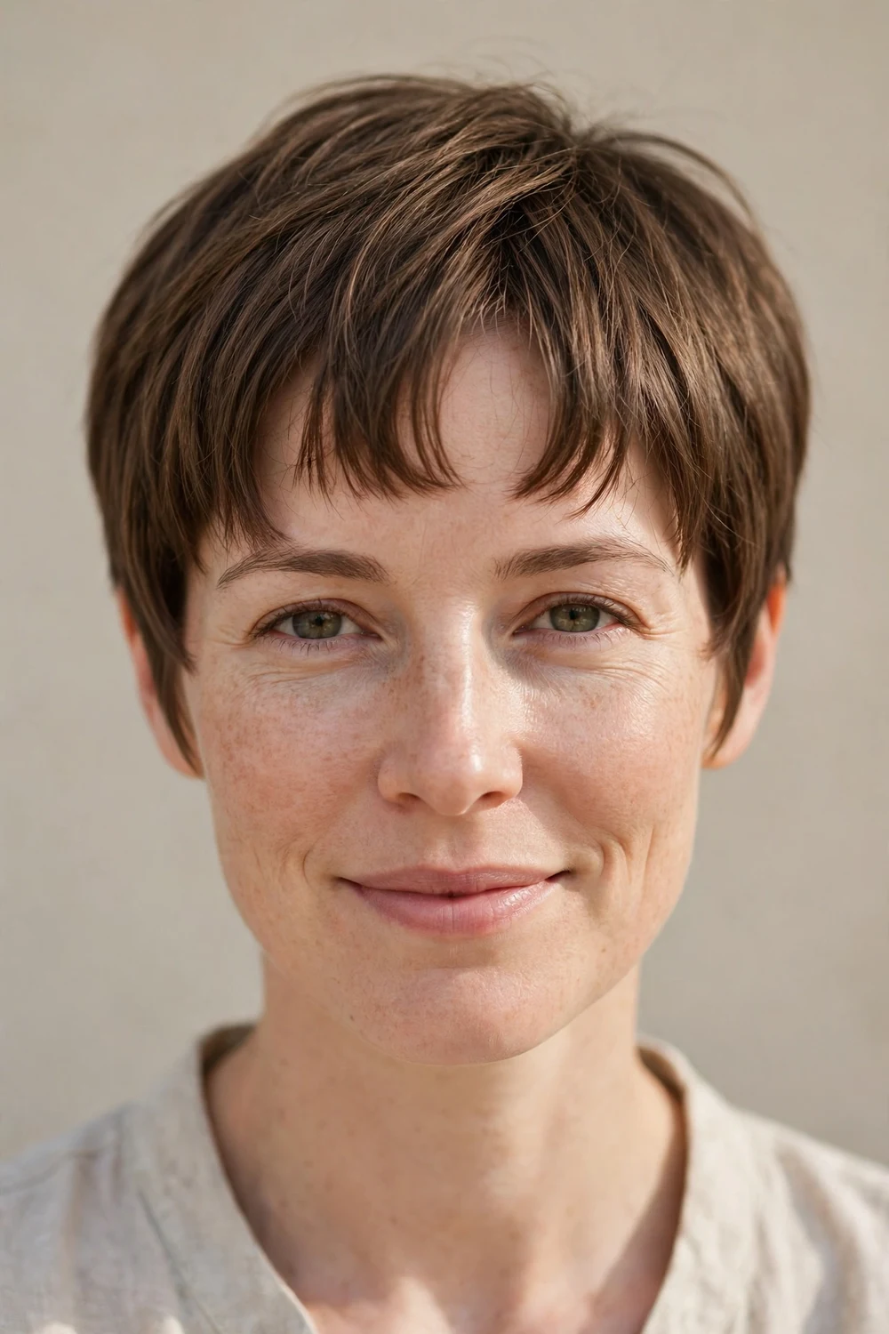 Woman in her 30s with a bottleneck-bangs pixie, structured fringe wider at temples on fine brown hair