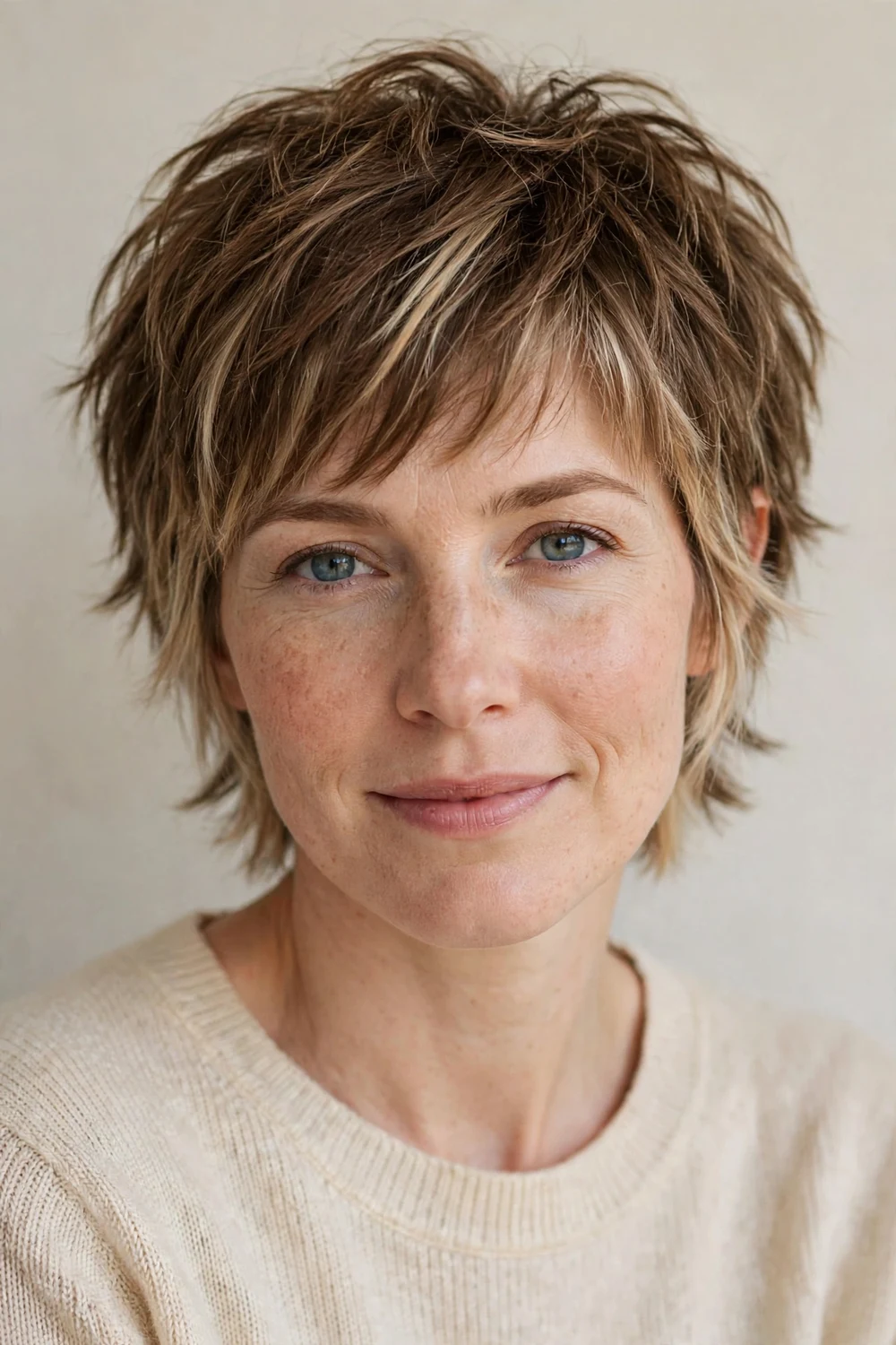 Woman in her 30s with a brown shaggy pixie, blonde underlights peeking through fine layered hair