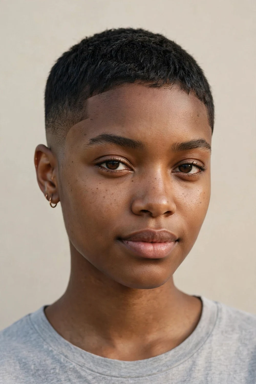 Young Black woman with a buzzed fade pixie, close skin fade and short textured top on fine hair