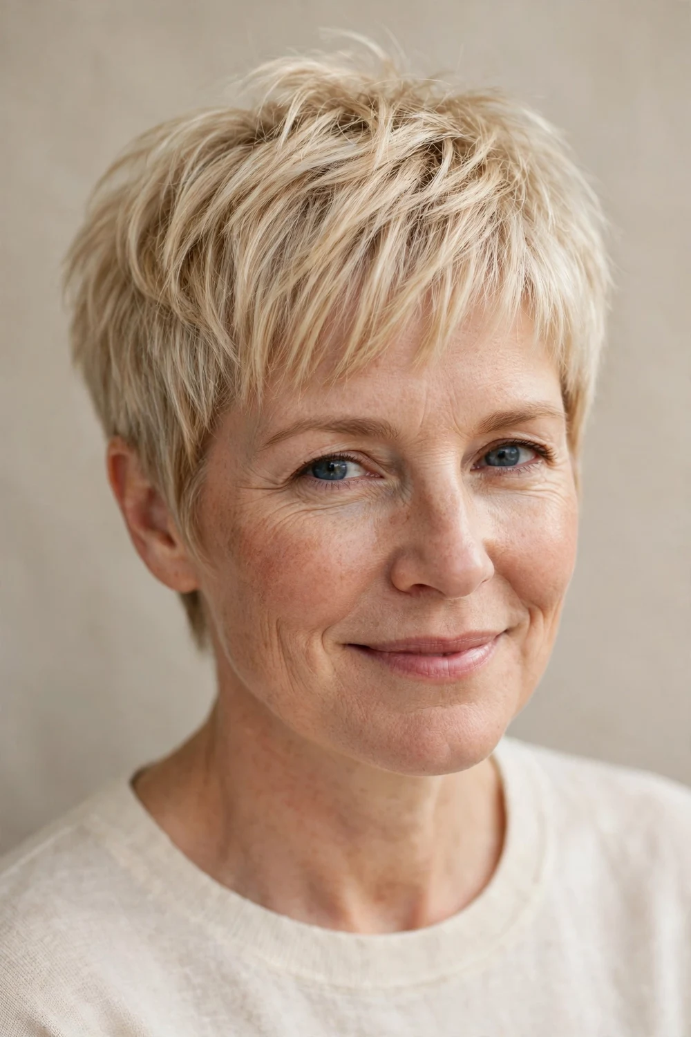 Woman in her 40s with a champagne pixie, choppy fringe and soft blonde tone on fine hair