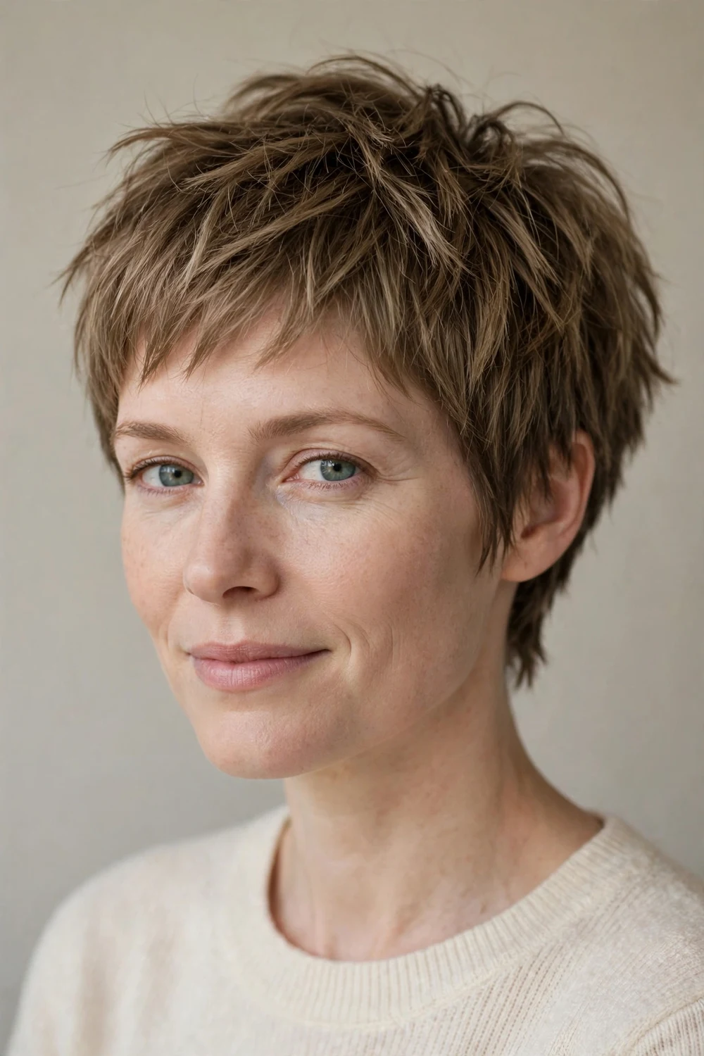 Woman in her 30s with a choppy-layered pixie, uneven piecey ends on fine light brown hair
