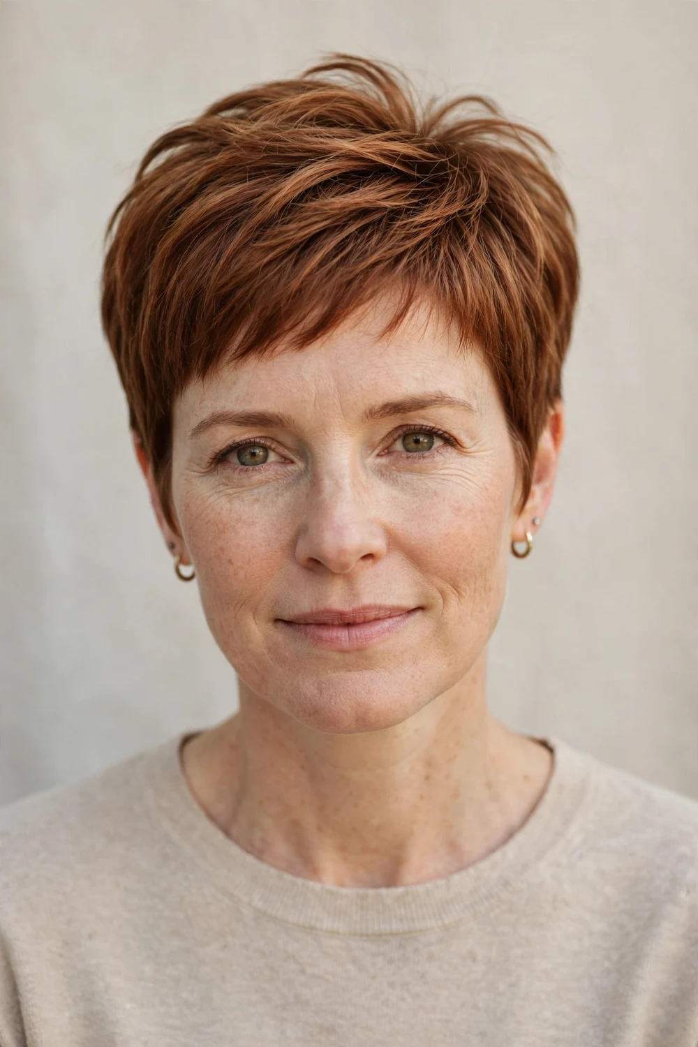 Woman in her 40s with a classic crown-lift pixie, short stacked layers giving fine auburn hair height