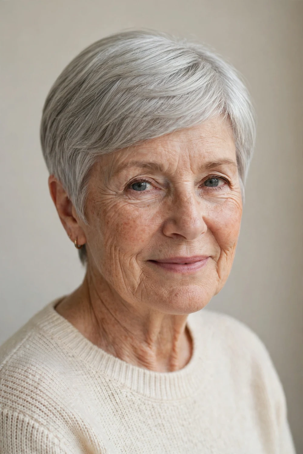 Older white woman with a classic polished pixie, neat smooth shape on fine silver-gray hair