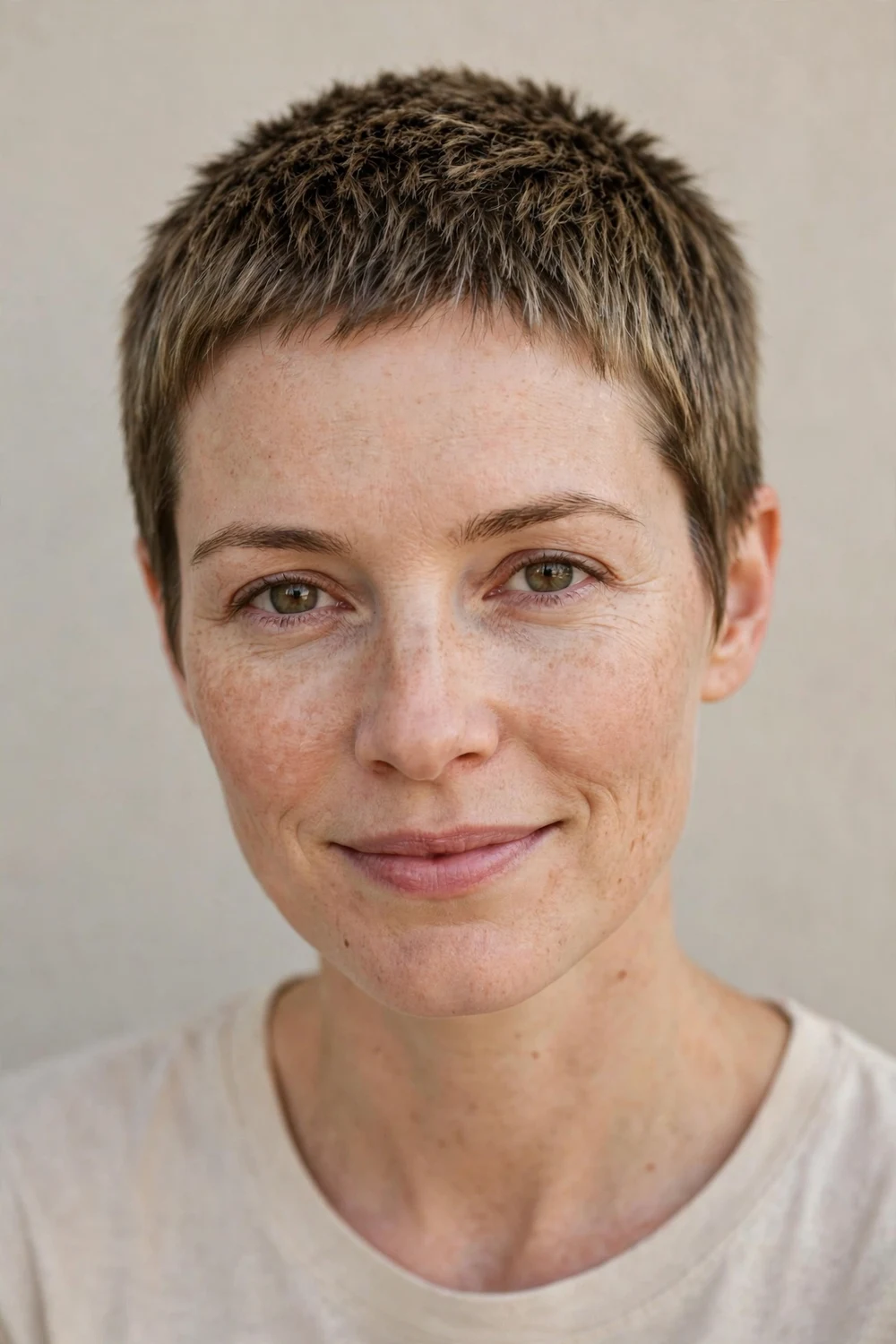 Woman in her 30s with a cropped pixie, very short all-over cut on fine dark blonde hair