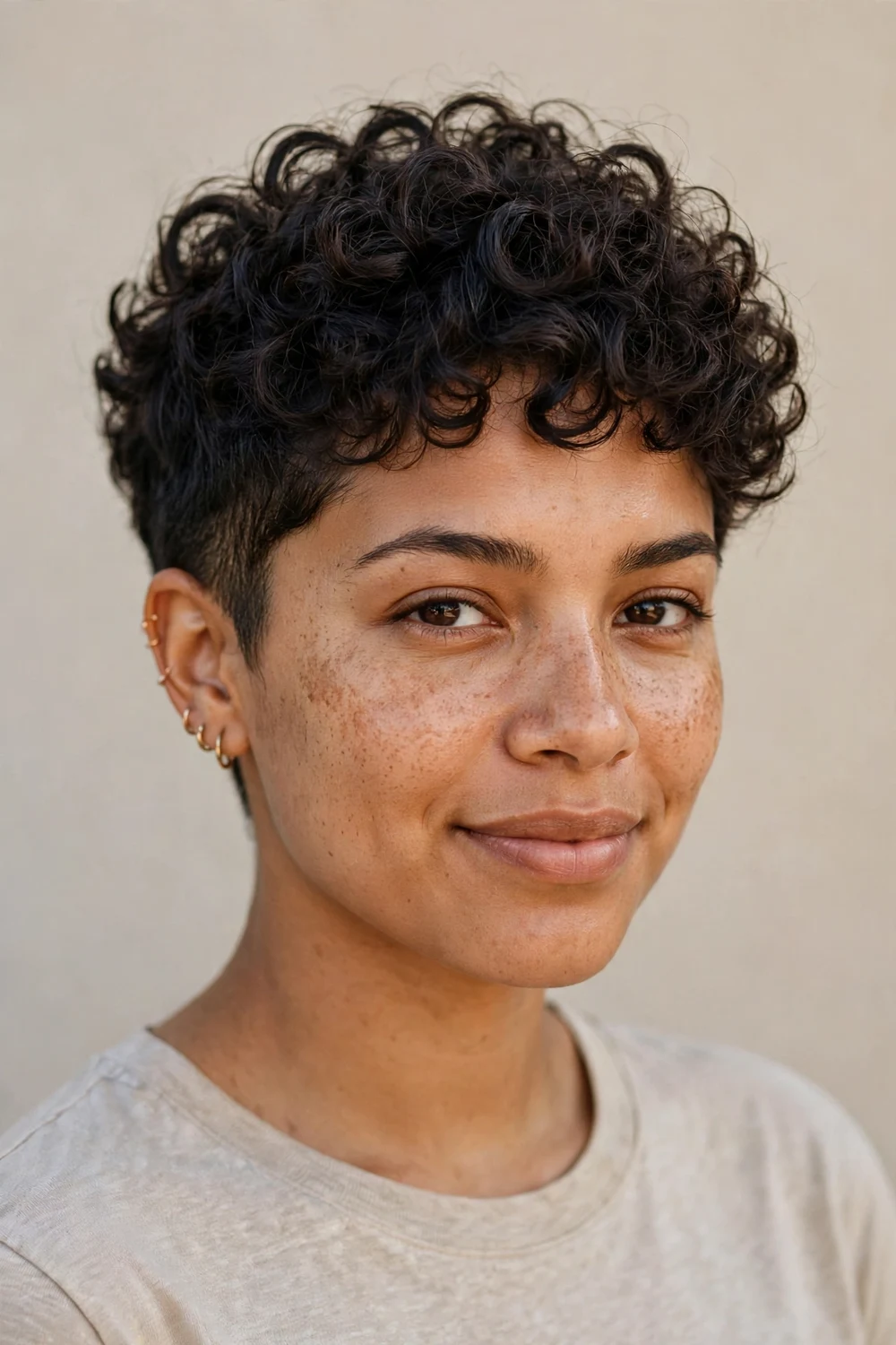 Young Latina woman with a curly pixie, defined curls on top with tapered sides on fine curly hair