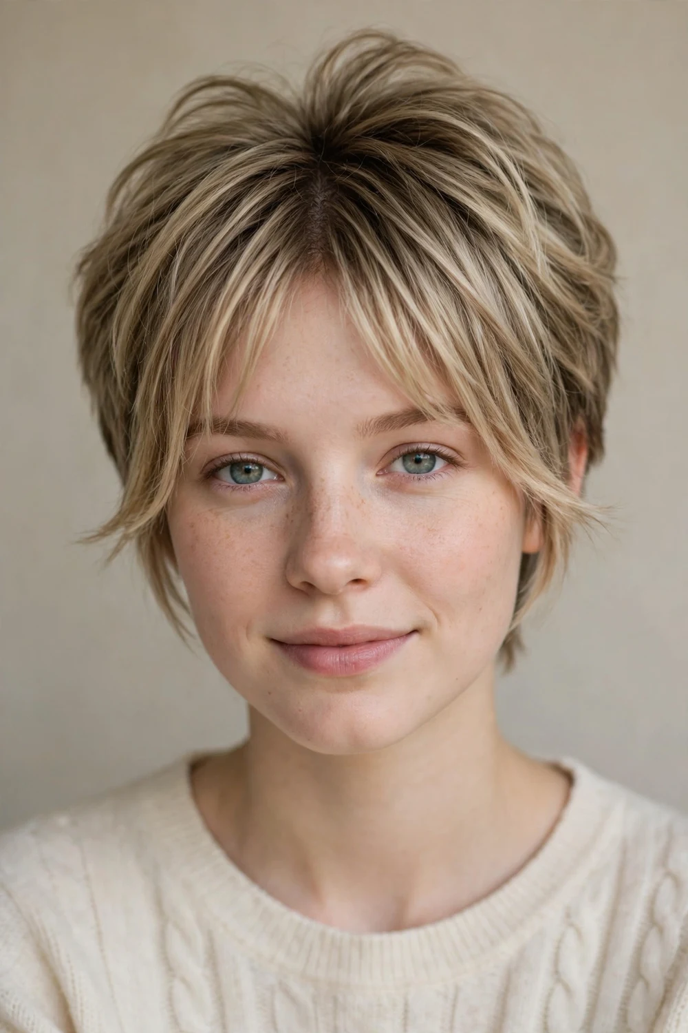 Young woman with a curtain-bangs pixie, center-parted fringe framing fine dark blonde hair