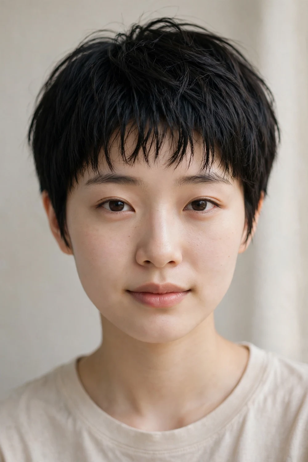Young East Asian woman with a dark point-cut fringe pixie, textured fringe on fine deep black hair