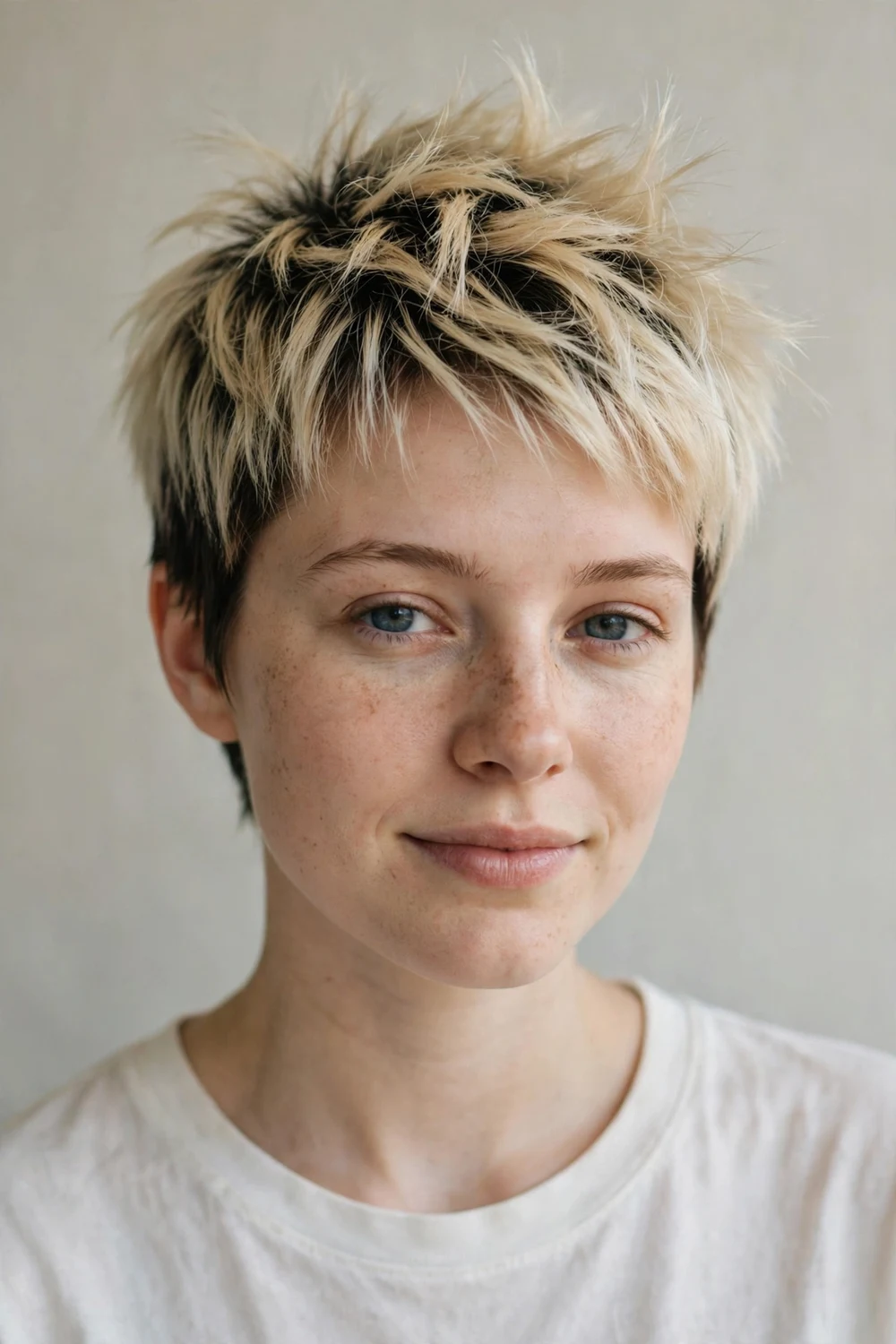 Young woman with a dark-root contrast pixie, spiky blonde top over dark roots on fine hair