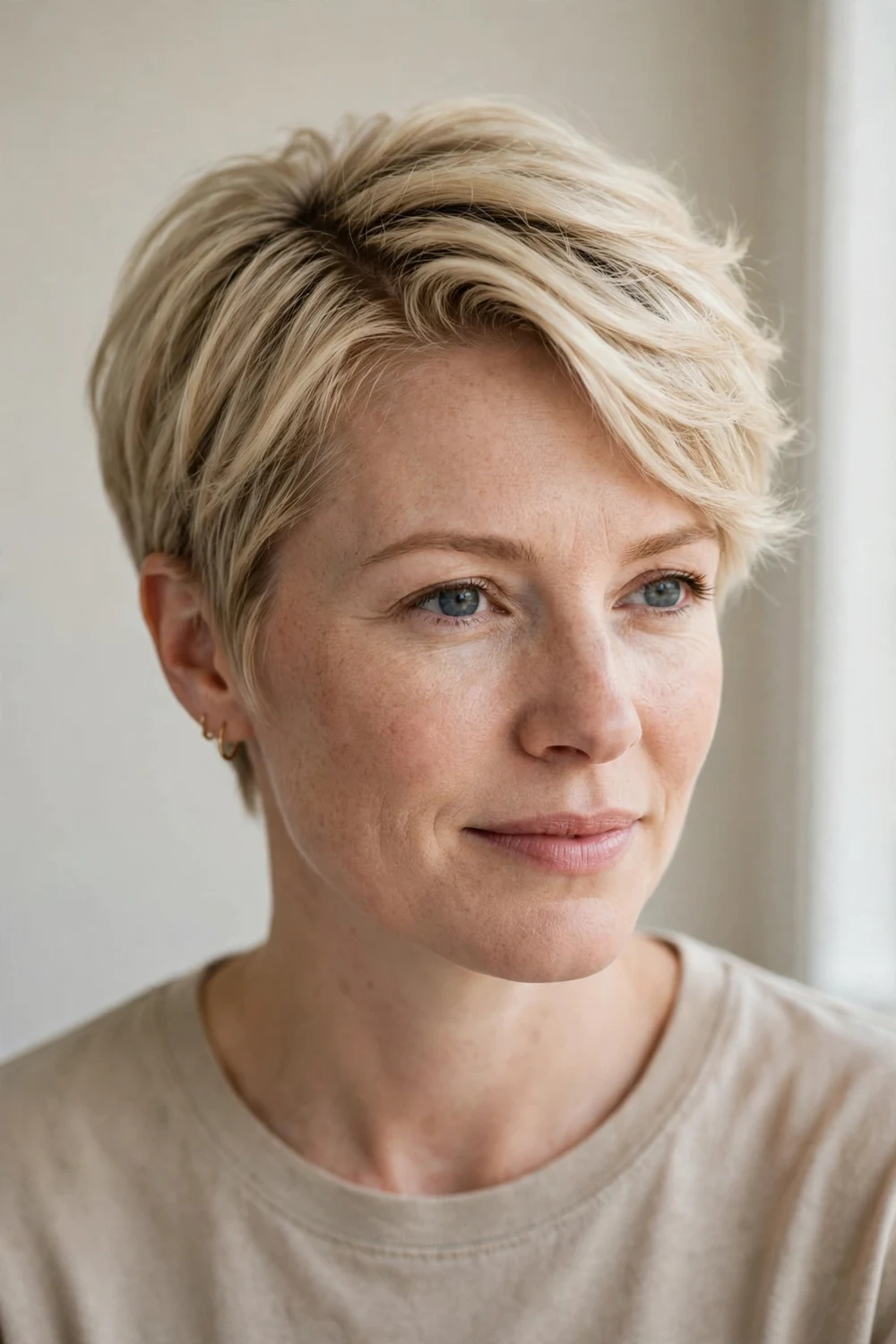 Woman in her 30s with a deep side-part pixie, hair swept across giving fine blonde hair visible lift