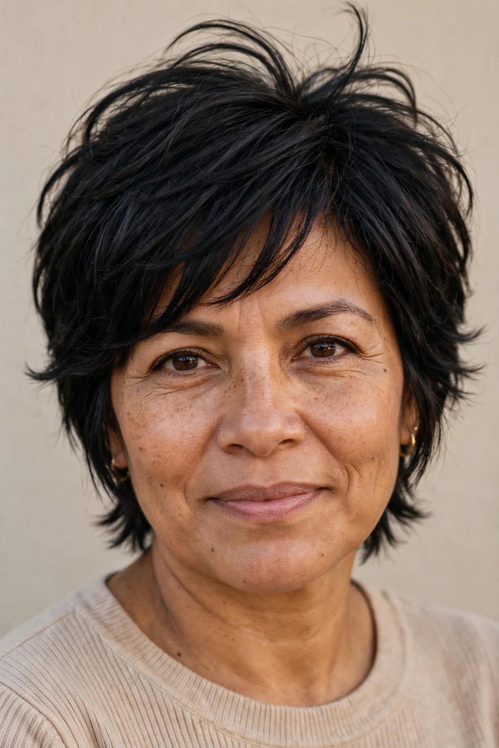 Middle-aged Latina woman with a face-framing layers pixie, varied lengths around the face on fine black hair